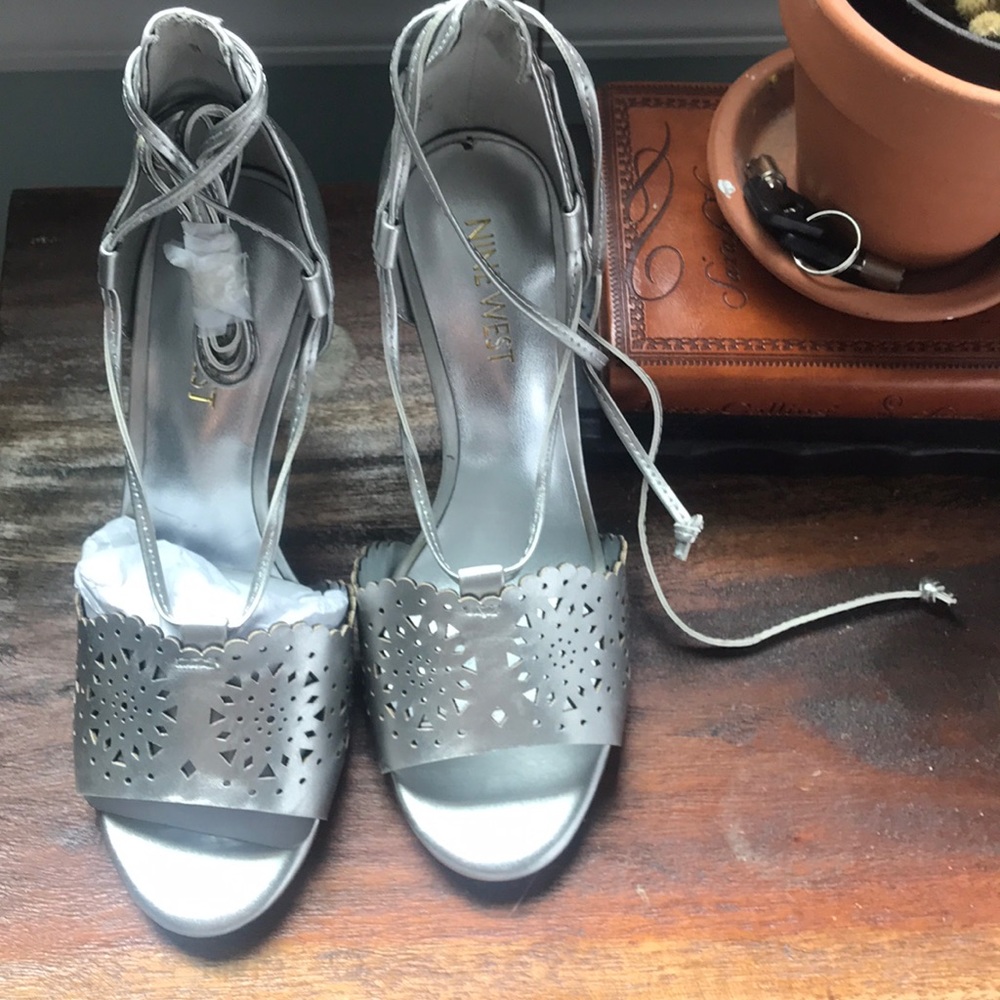 Nine West silver wrap heels lasercut detail